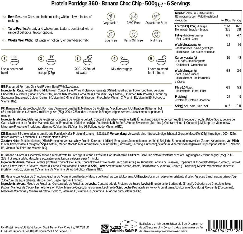 Protein Works - Protein Porridge 360 | Mit Zusätzlichen Vitaminen & Mineralien | Proteinreiches Frühstück | Kalorienarme Haferflocken | 6 Servings | Banane-Schoko-Chip | 500G Cereale Naty Shop