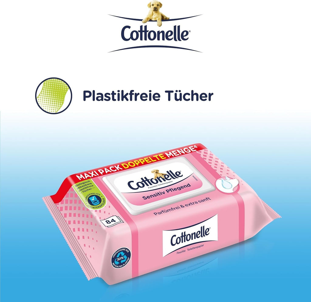 Hârtie igienică umedă, Sensitive Care - fără parfum, biodegradabilă, fără plastic, resigilabilă, 1 X 84 șervețele umede (pachet unic)