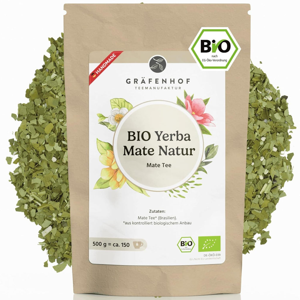 Ceai Yerba Mate Bio, originalul, 1 kg ceai mate vrac, conținut ridicat de cofeină, neprăjit, uscat la aer, analizat în laborator, frunze de mate ambalate în Germania, calitate premium Gräfenhof