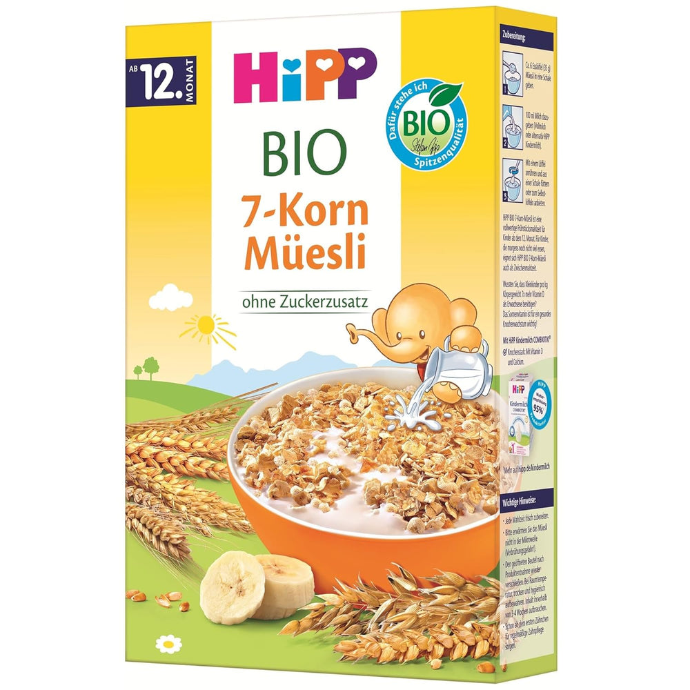 HiPP organiczne musli z 7 ziarnami (8 x 200 g), od 12 miesiąca życia, bez dodatku cukru, bardzo drobne kawałki - łatwe do żucia, najlepsza jakość organiczna