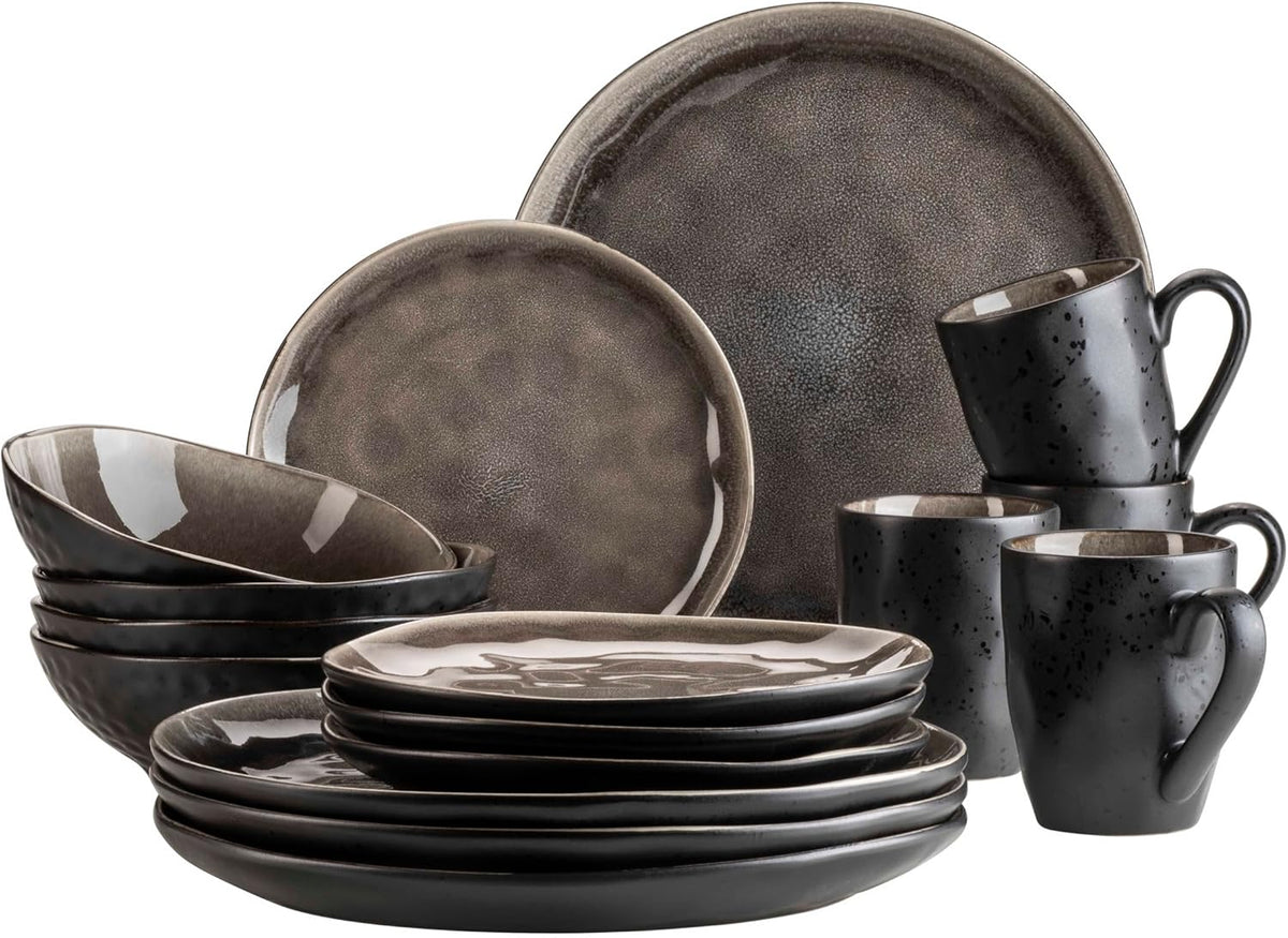 MÄSER 934073 Niara Organic Series, set de veselă modern pentru 4 persoane, cu aspect vintage incitant, serviciu combinat format din 16 piese cu o combinație specială de glazură în negru și maro, gresie