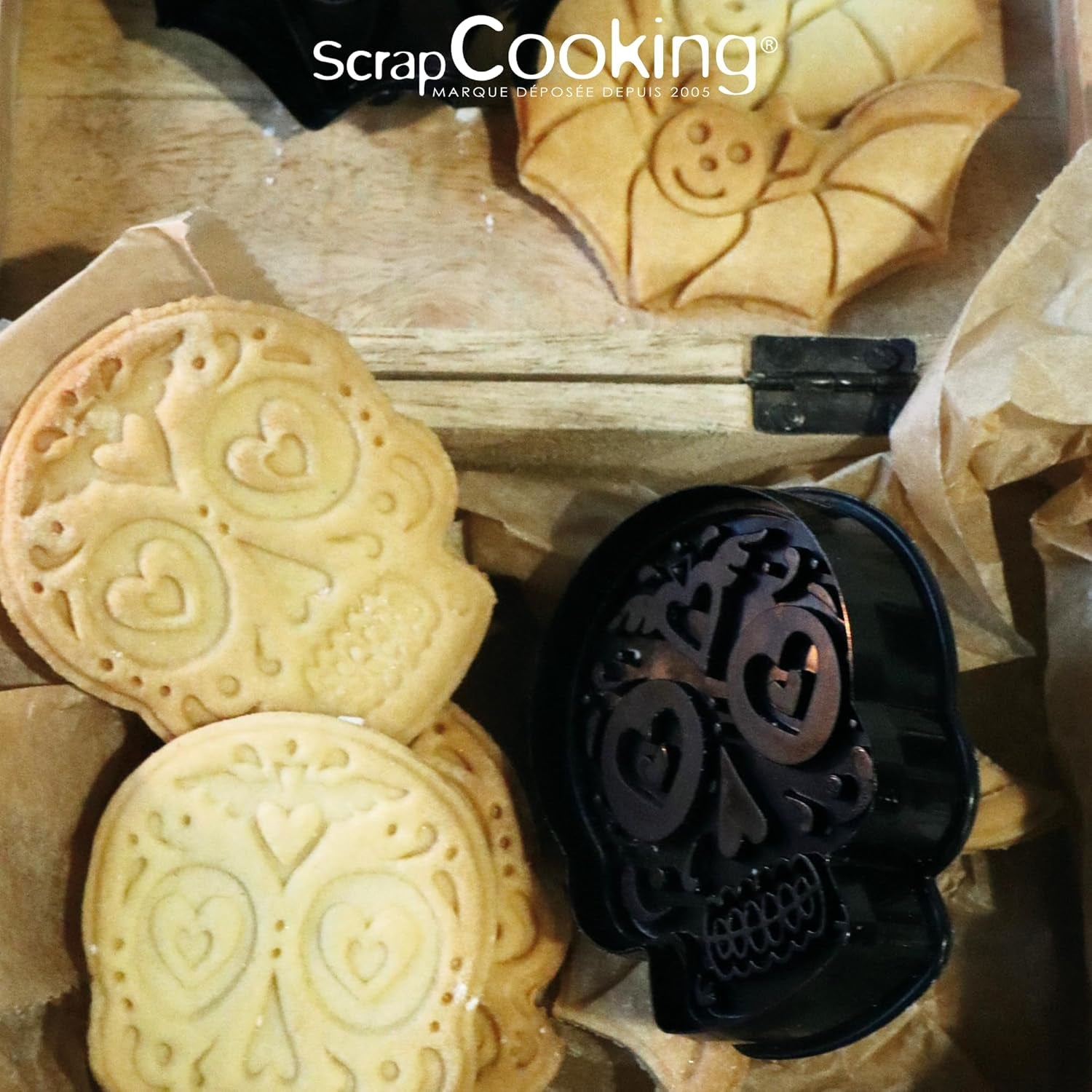 ScrapCooking - 2 Forme de Biscuiți Halloween – Calavera și Liliac – Forme de Biscuiți 3D – Forme de Gofrare – Craniu Mexican – Forme de Biscuiți – 2142