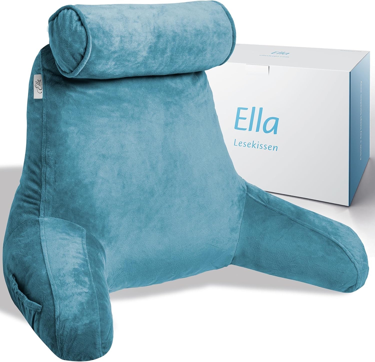 Pernă de citit Ella pentru pat și canapea cu rolă detașabilă pentru gât - Pernă pentru spate pentru pat - Pernă de citit din spumă cu memorie cu cotiere, ideală pentru citit, vizionat la televizor, relaxare sau ca suport pentru spate - Gri