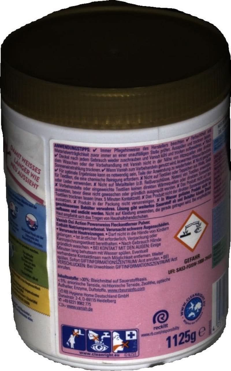 Proszek Vanish Oxi Action Powerwhite - 1 X 1,125 Kg - odplamiacz i proszek ulepszający pranie bez chloru - do białego prania Proszki do prania Naty Shop