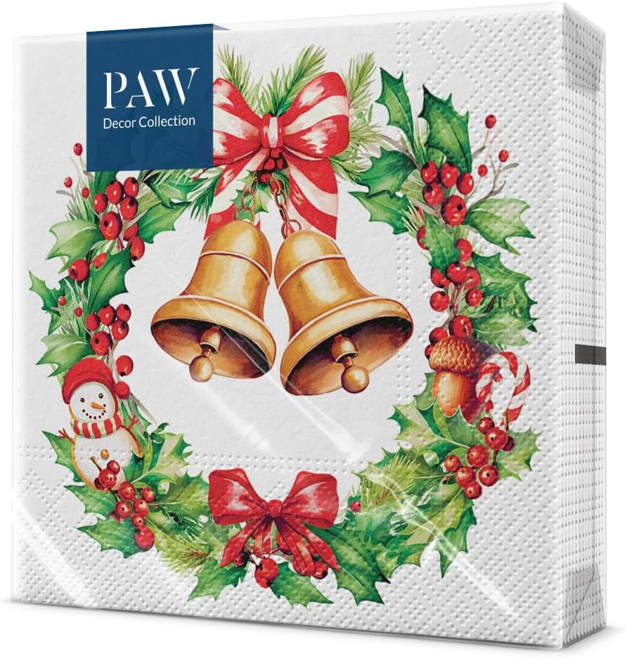 PAW - Șervețele 3 straturi (33 X 33 Cm) I 20 bucăți I Șervețele de hârtie colorate perfecte pentru masa de Crăciun I Șervețele - Crăciun, iarnă, stele, zăpadă, oameni de zăpadă I Familia Snowy