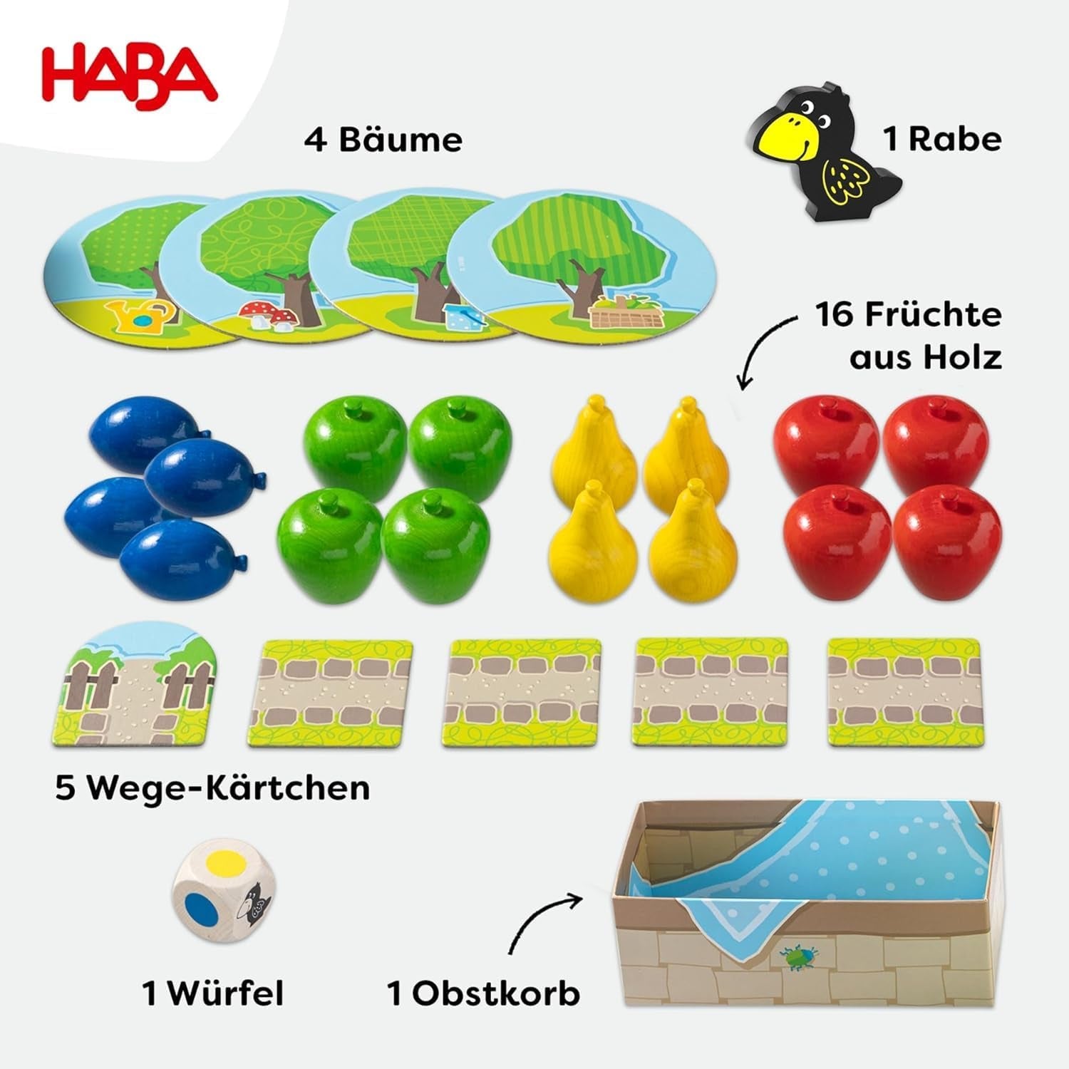 HABA First Orchard – My First Games: Gra planszowa i rodzinna o kolorach i kształtach, Klasyczna drewniana zabawka dla maluchów od 2. roku życia – 1004655001