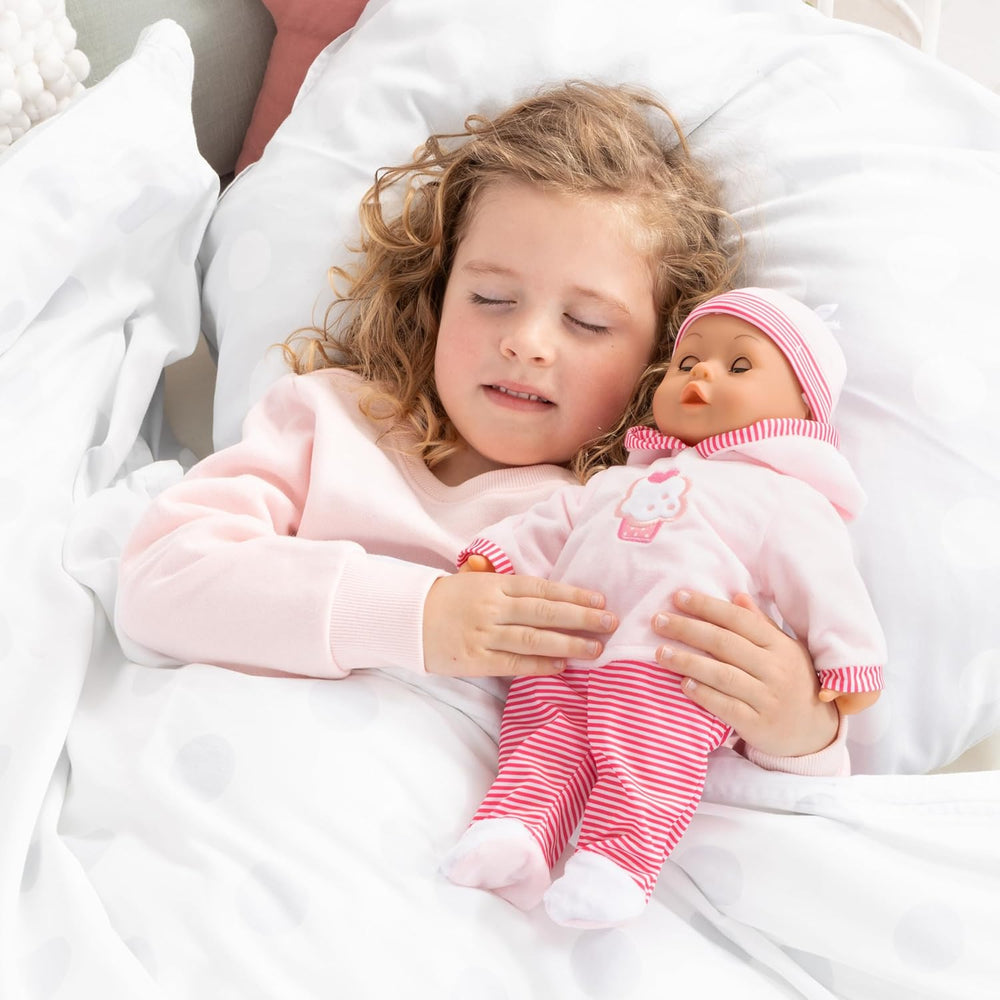 Babypuppe First Words mit Schlafaugen, spricht 24 Babylaute, mit Schnuller und Flasche, 38 cm, Rosa/Streifen