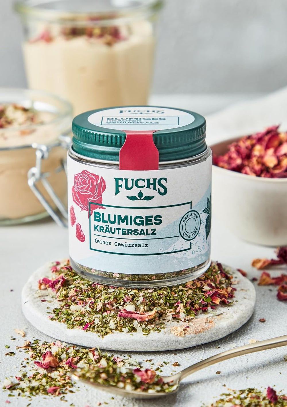 Fuchs Gewurze - Blumiges Kräutersalz | Gewürzsalz mit Rosenblütenblättern, Minze & Salz | Verfeinert Gemüse und Pasta-Gerichte | 45 g im wiederverschließbaren Gewürzglas
