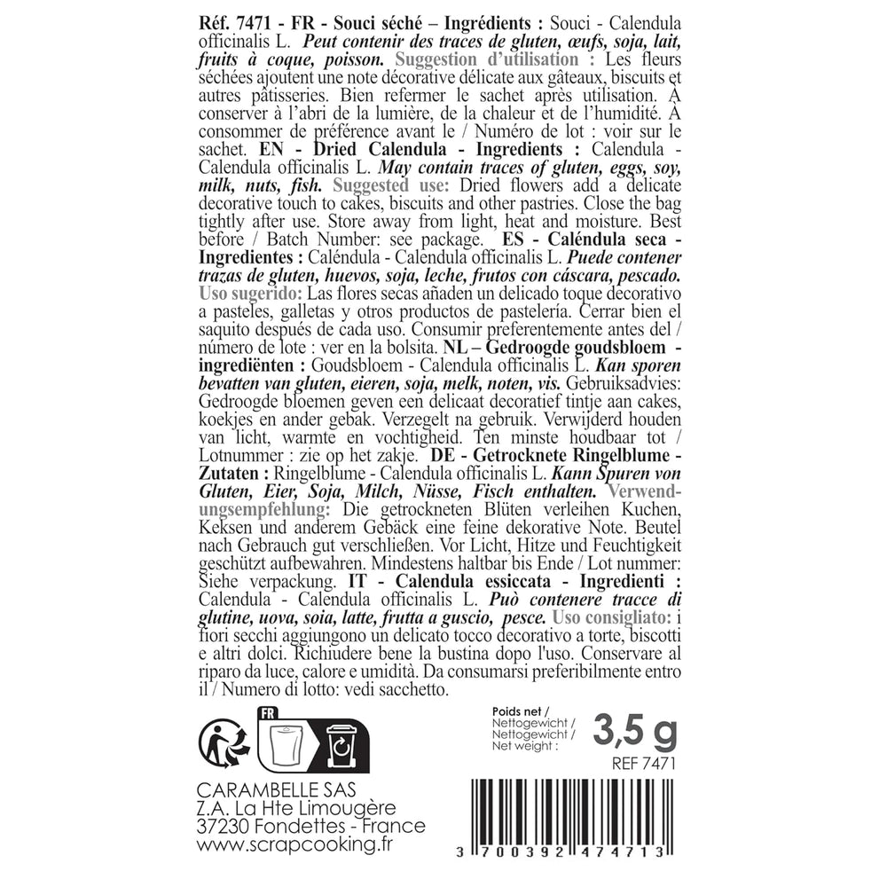 ScrapCooking - Nagietki suszone 3,5g - Kwiaty jadalne - Ozdoby do żywności do pieczenia - Do deserów, ciast, tart, babeczek - Boże Narodzenie, Wiosna, Urodziny - Złocistożółty - 7471