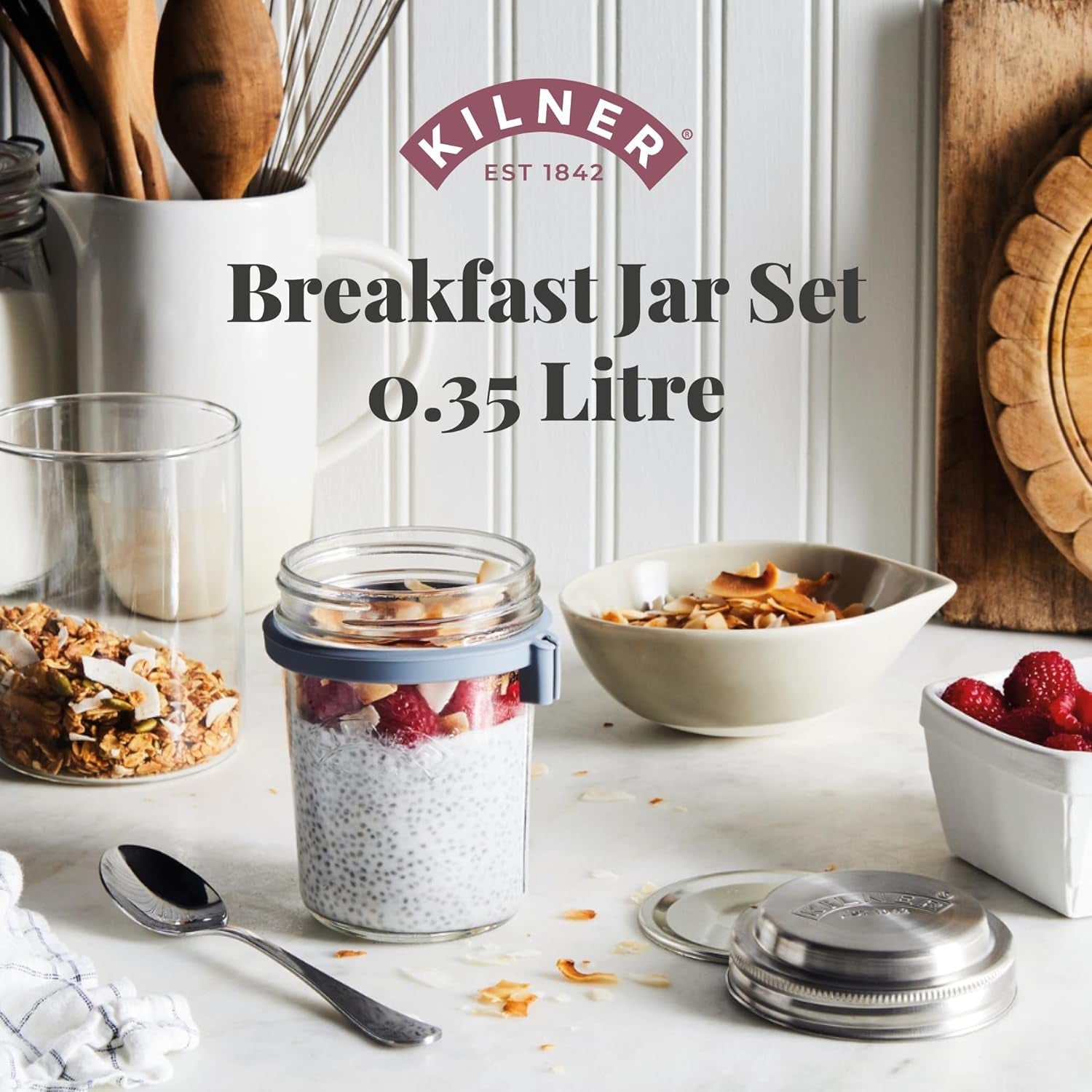 Borcan de mic dejun Kilner cu lingură / 350 ml, Ø 9,5 cm / 5 piese | cană pentru muesli la pachet / non-toxic / recipient din sticlă cu capac pentru muesli, terci și iaurt / recipient pentru ovăz peste noapte Cutii depozitare alimente Naty Shop
