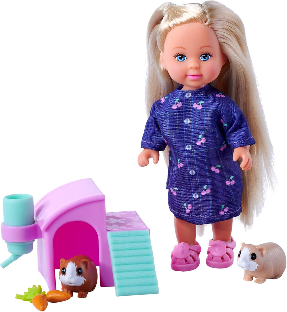Simba Evi Love Guineea Pigs, păpușă de joacă cu doi porcușori de Guineea și căsuță, sticlă de apă și morcovi, 12 cm, vârste 3+