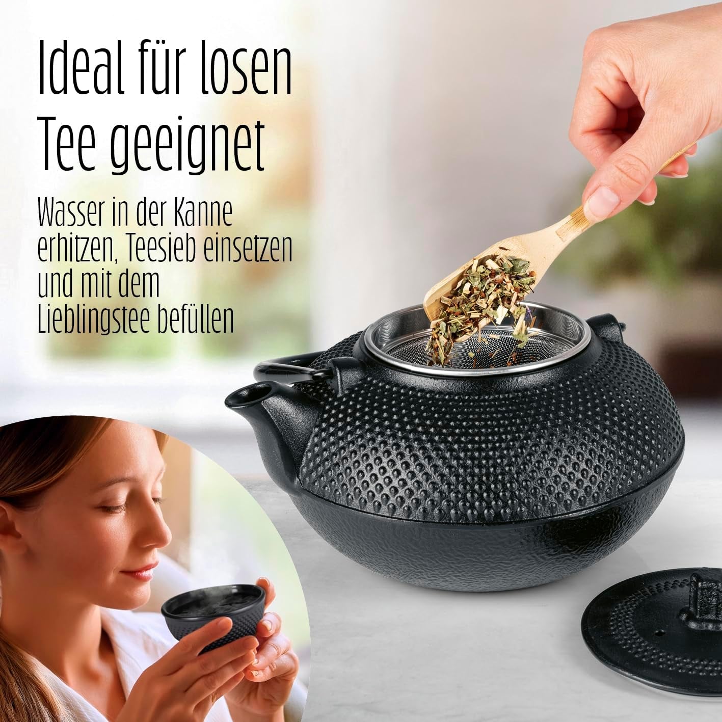 Set de ceai Lumaland cu 8 piese | Ceainic din fontă Tetsubin de 1,4 litri | Încălzitor din fontă | 2 cești de ceai și 2 farfurioare | Set de ceai japonez, inclusiv lingură de măsurat din bambus și infuzor din oțel inoxidabil