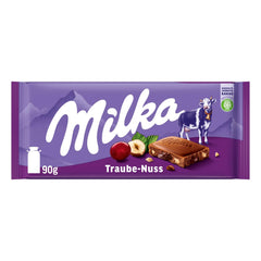 Milka Winogrona i Orzechy Laskowe – Alpejska czekolada mleczna z kawałkami orzechów laskowych i rodzynkami – 90g