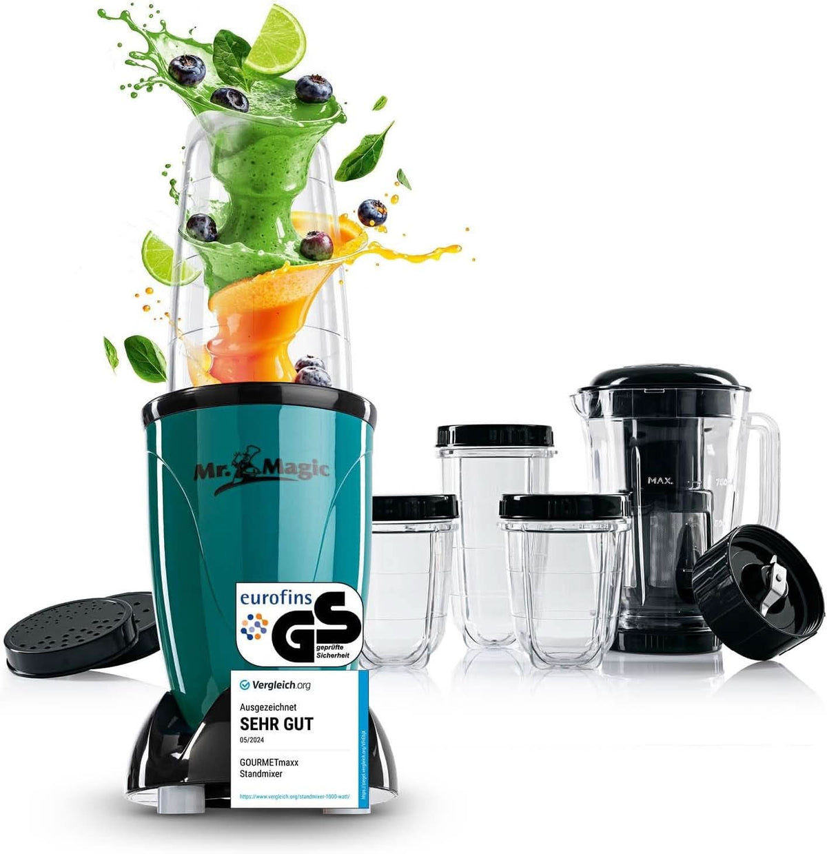 Gourmetmaxx Mr Magic Blender, ekspres do smoothie z pakietem akcesoriów Xxl Naty Shop Green | Czarny Pan Magia | 400W | Zestaw XL
