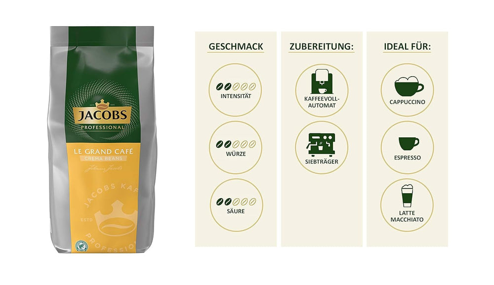 Jacobs Professional Le Grand Café Cream, całe ziarna kawy 1kg, Łagodna, Intensywność 2/5 Coffee Naty Shop