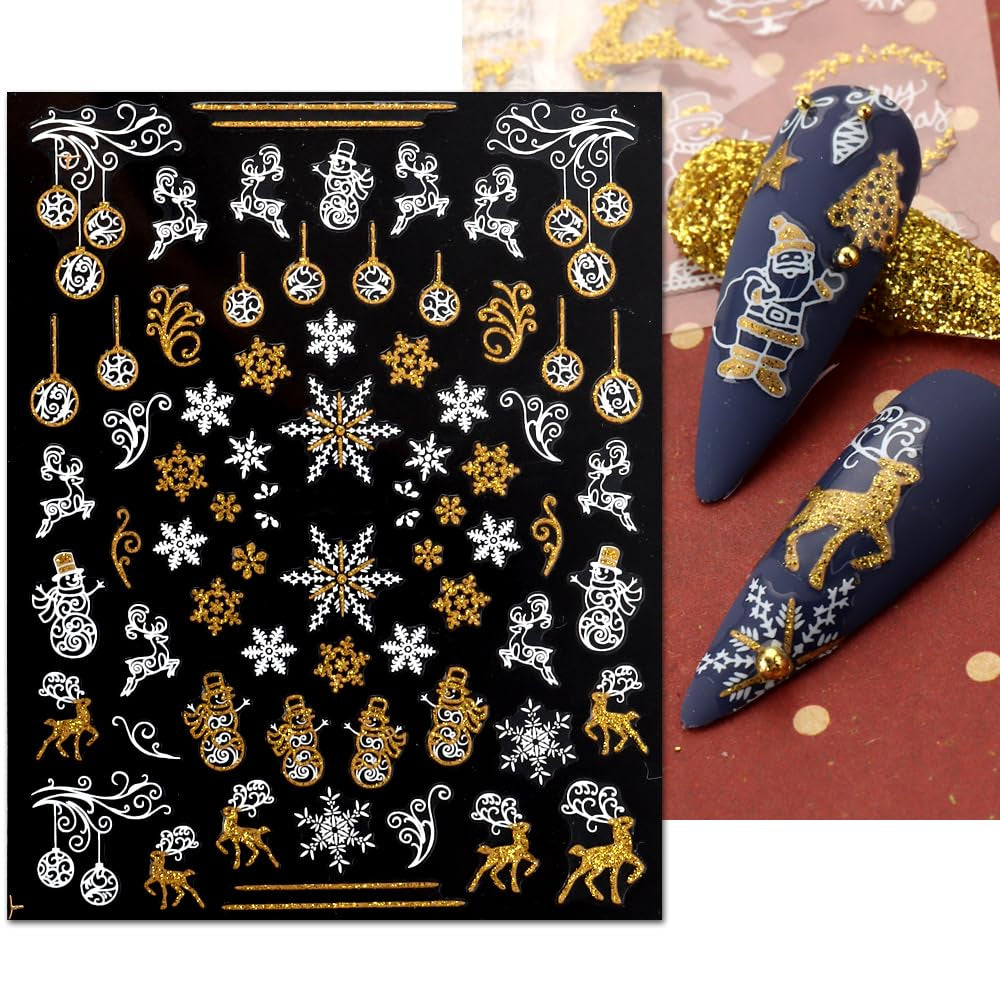 JMEOWIO Nagelsticker Weihnachten 9 Blatt Nail Art Sticker Selbstklebend Nagelaufkleber Schneeflocke Schneemann Festival Weißes Gold Dekoration Nageldesign Zubehör