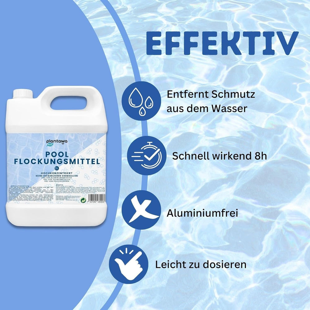 Flokulant basenowy 5L | Flokulant basenowy zapewniający krystalicznie czystą wodę | Bardzo skoncentrowany i ekonomiczny | Nadaje się do wszystkich systemów filtracyjnych | Żadnych szkodliwych dodatków