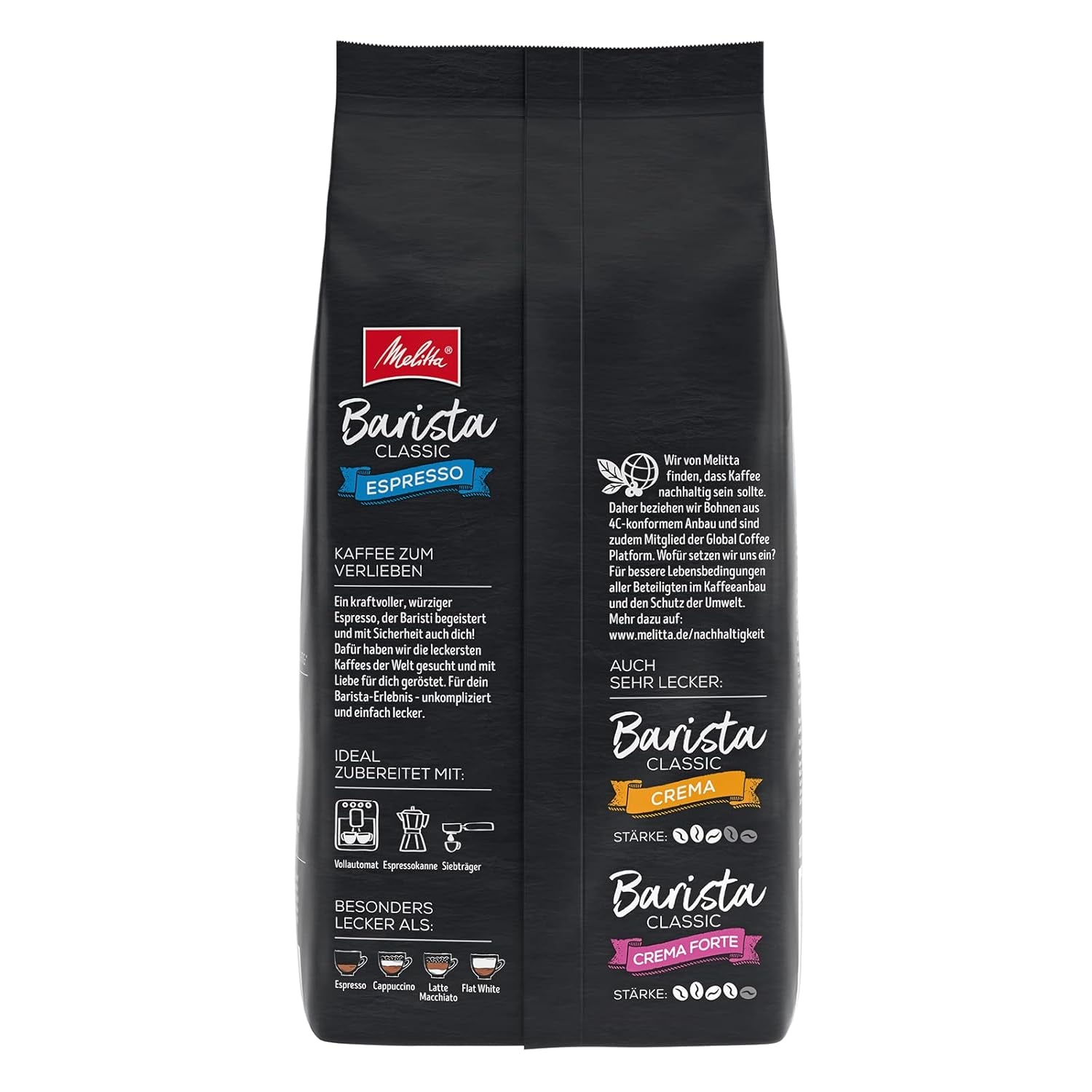 Melitta Barista Classic Crema & Barista Classic Espresso, Ganze Kaffee-Bohnen 1kg, ungemahlen, Kaffeebohnen für Kaffee-Vollautomat, kräftige Röstung, Stärke 5