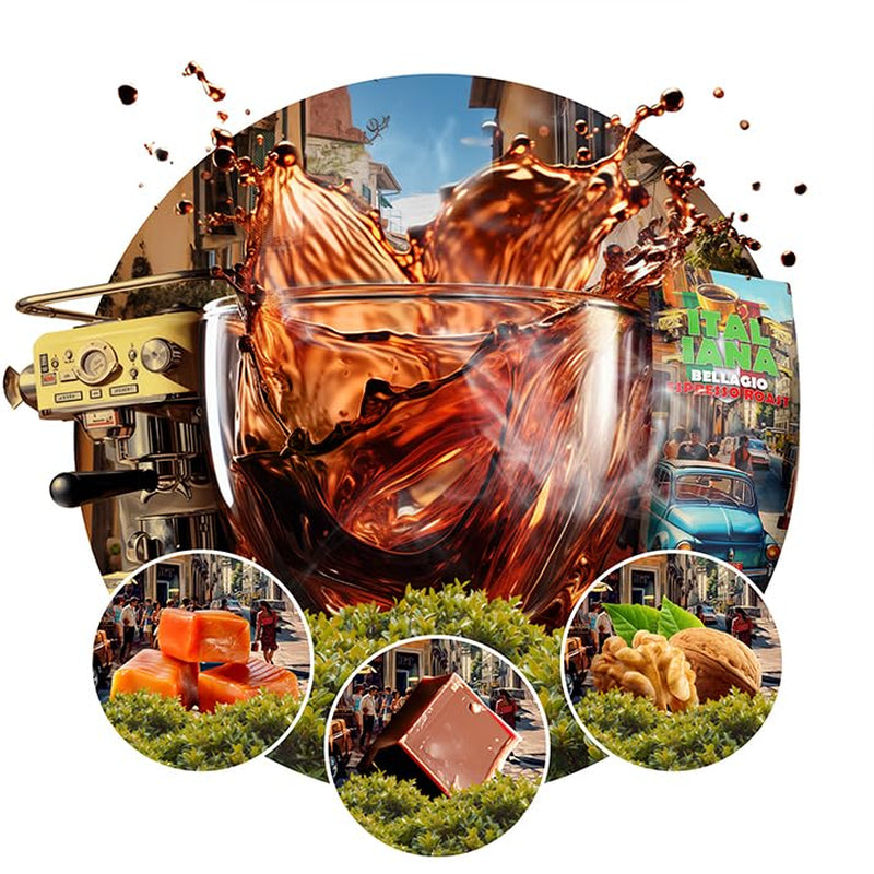 Boabe de cafea prăjite Italiana Bellagio 1kg | 80% Arabica și 20% Robusta | cu note de nuci și ciocolată neagră | proaspăt prăjită, aciditate scăzută | pentru aparate de cafea | Blue Orca Coffee