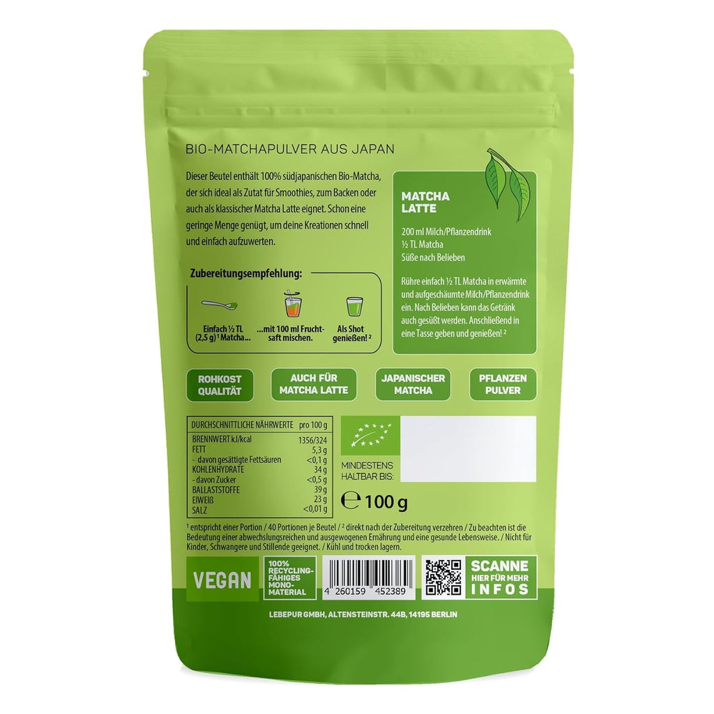 Lebepur BIO Matcha Pulbere 100G - Calitate premium din Japonia Fără aditivi - 100% pulbere de ceai verde pură pentru Matcha Latte, ceai Matcha, ceai verde, smoothie - Ceai verde japonez