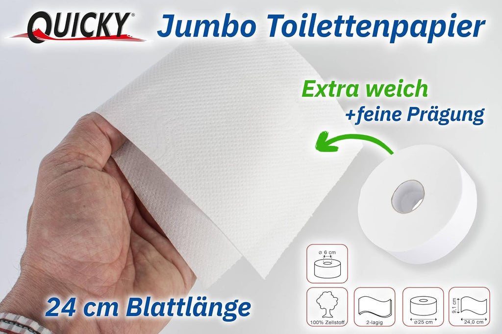 Hârtie igienică Quicky Jumbo 2 straturi, 25 cm Ø, alb strălucitor, relief cu puncte fine, 6 role - absorbantă și rezistentă la rupere pentru igienă maximă, ideală pentru instituțiile publice și industrie