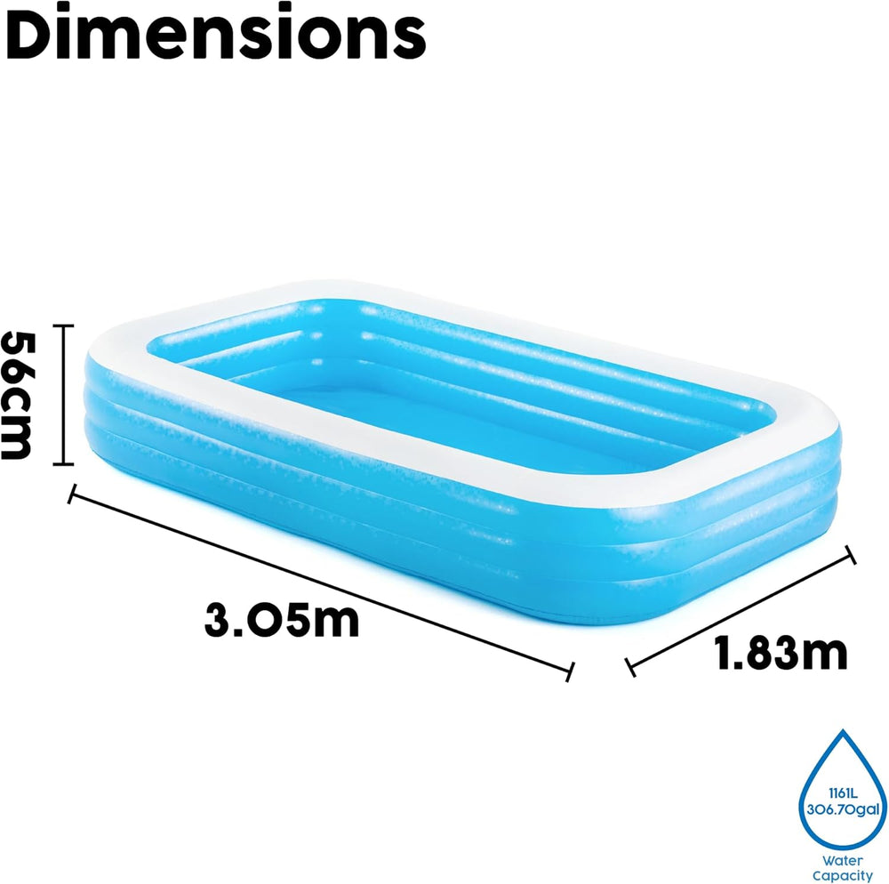 Bestway Family Pool Deluxe Prostokątny basen dla dzieci Łatwy w montażu Niebieski 305x183x56cm Nadmuchiwane materace i nadmuchiwane akcesoria 305x183x56cm Kolor