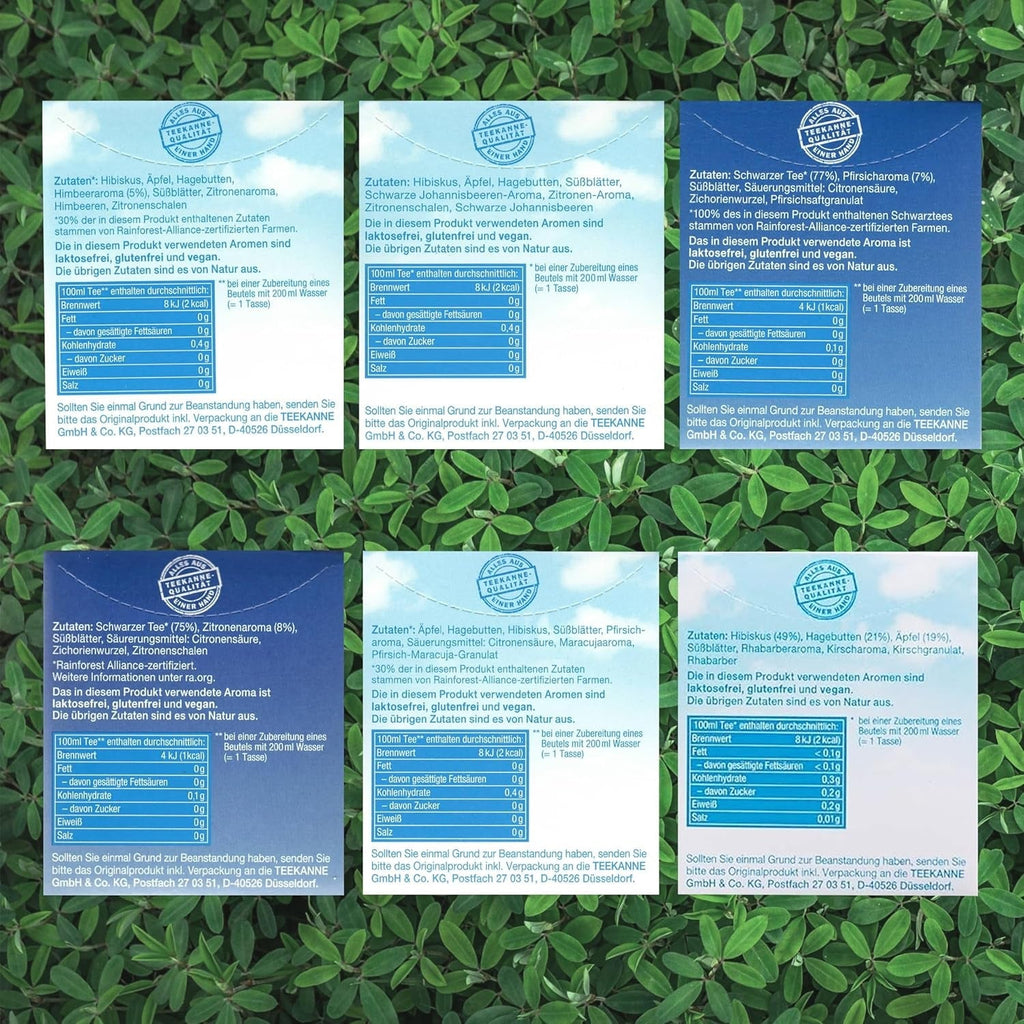 Ceai Teekanne Frio în pachet de 6 fructe, sortimente: zmeură-lămâie, coacăze-lămâie, piersică-maracuja, rubarbă-cireșe, ceai rece lămâie &amp; piersică, câte 18 pliculețe de 2,5 g fiecare