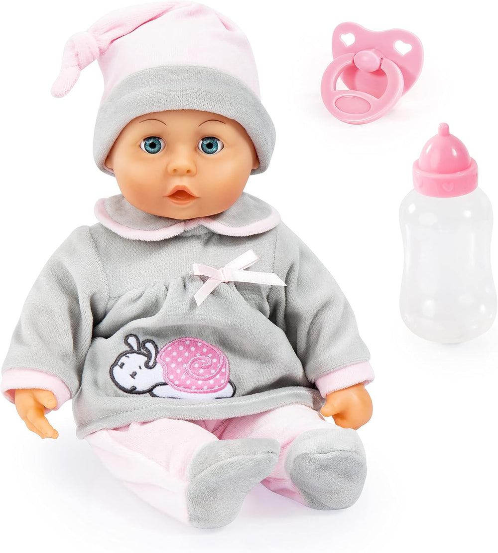 Bayer Design 93800-różowy 93825AA Babypuppe First Words, Schlafaugen, spricht 24 Babylaute, weicher Körper, mit Schnuller und Flasche, 38 cm, różowy
