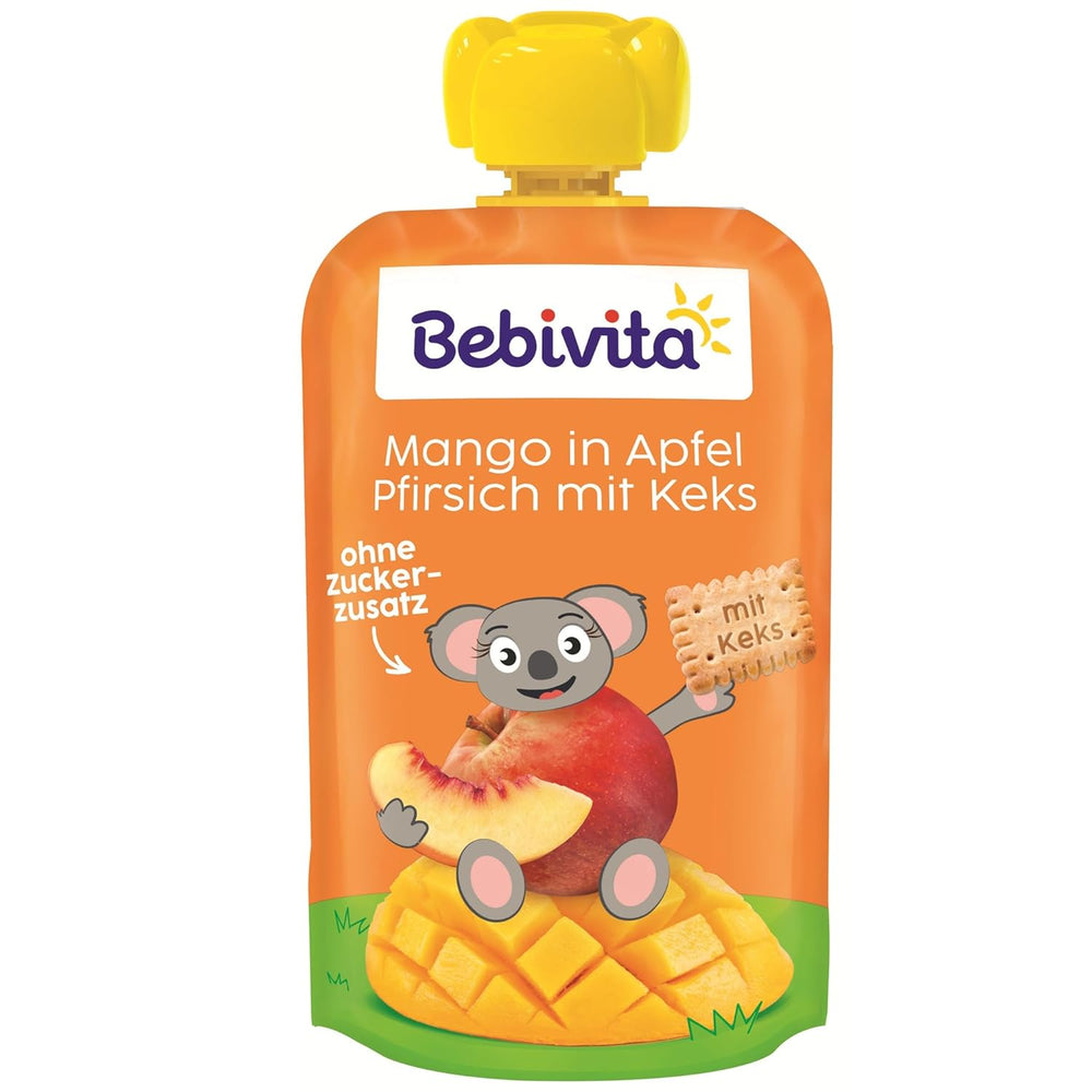 Mango w sosie jabłkowym i brzoskwiniowym z torebką ciastek (6 x 120g), bez dodatku cukru, z łagodnych owoców i wartościowych zbóż, idealne na suchą przekąskę i w podróży.