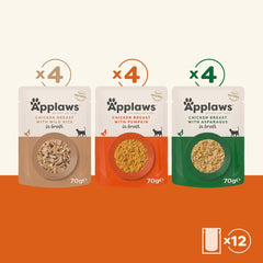 Applaws Premium Natural Pisici Hrană Umedă, Selecție de Pui în Supă 70g Pliculețe Porționate (12x70g)