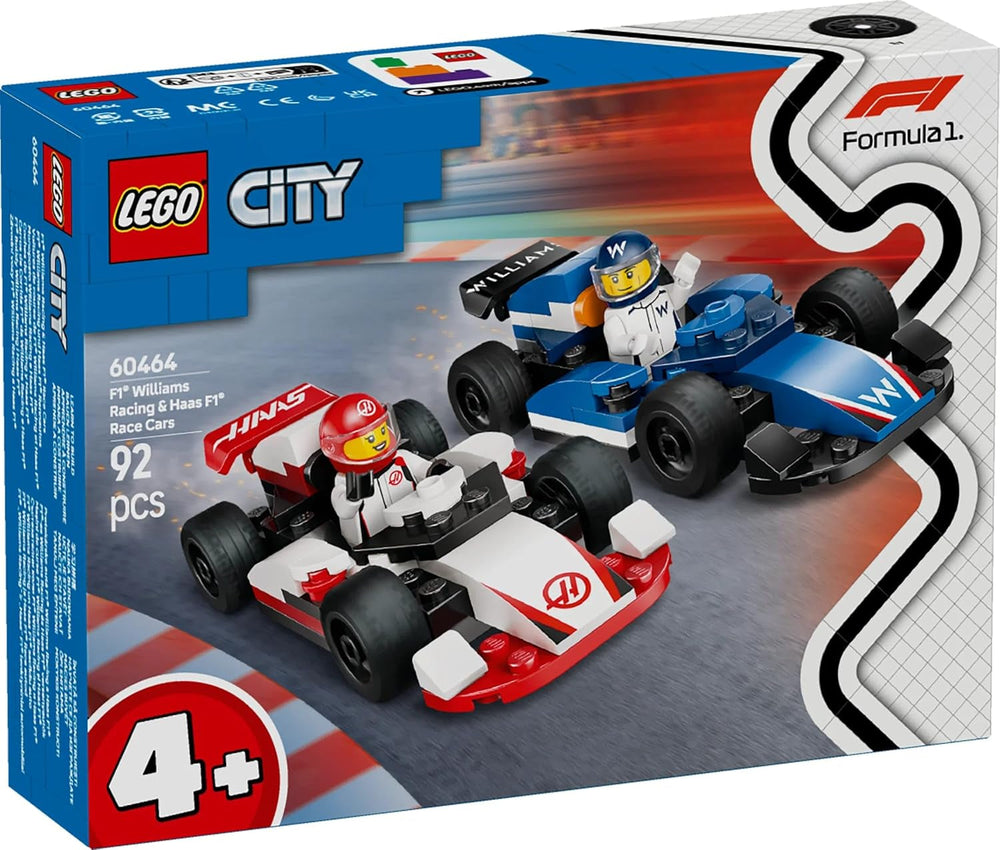 LEGO City Samochody wyścigowe F1 Williams Racing i Haas F1 Racing — zabawka Formuły 1 z samochodami do zbudowania i 2 minifigurkami kierowców wyścigowych — pomysły na drobne prezenty dla chłopców i dziewcząt od 4 lat 60464 Zestawy do budowania Szukaj sklepu LEGO
