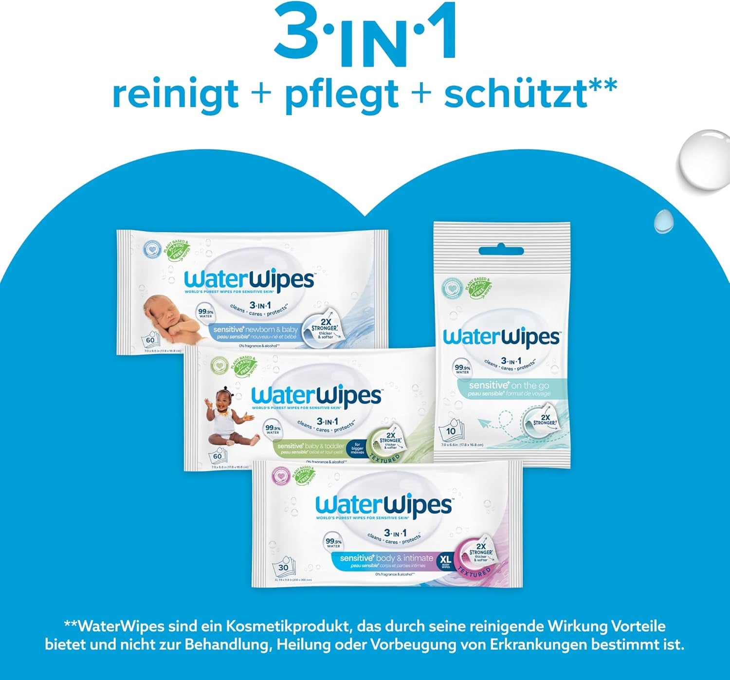 WaterWipes Sensitive+ Chusteczki nawilżane dla noworodków i dzieci, 240 szt. (4 szt.) 3 w 1 Czyszczenie, pielęgnacja, ochrona, 99,9% wody, bezzapachowy