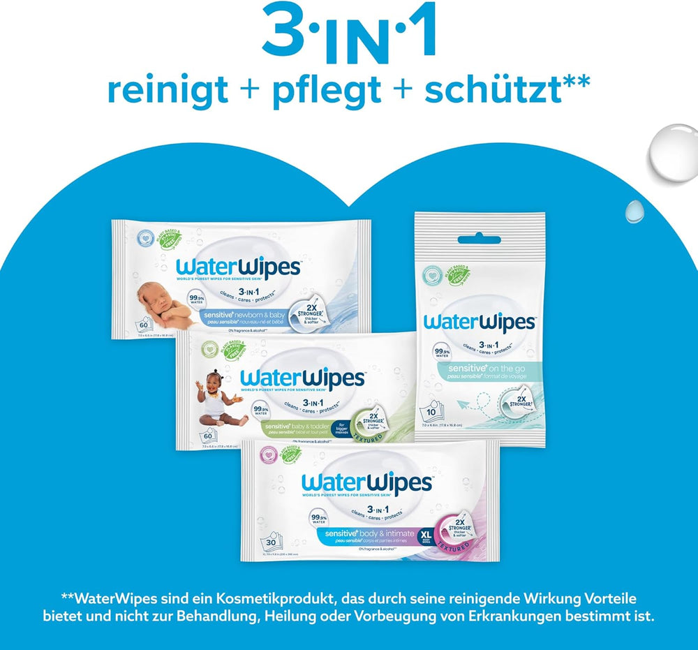 WaterWipes Sensitive+ Chusteczki nawilżane dla noworodków i dzieci, 240 szt. (4 szt.) 3 w 1 Czyszczenie, pielęgnacja, ochrona, 99,9% wody, bezzapachowy