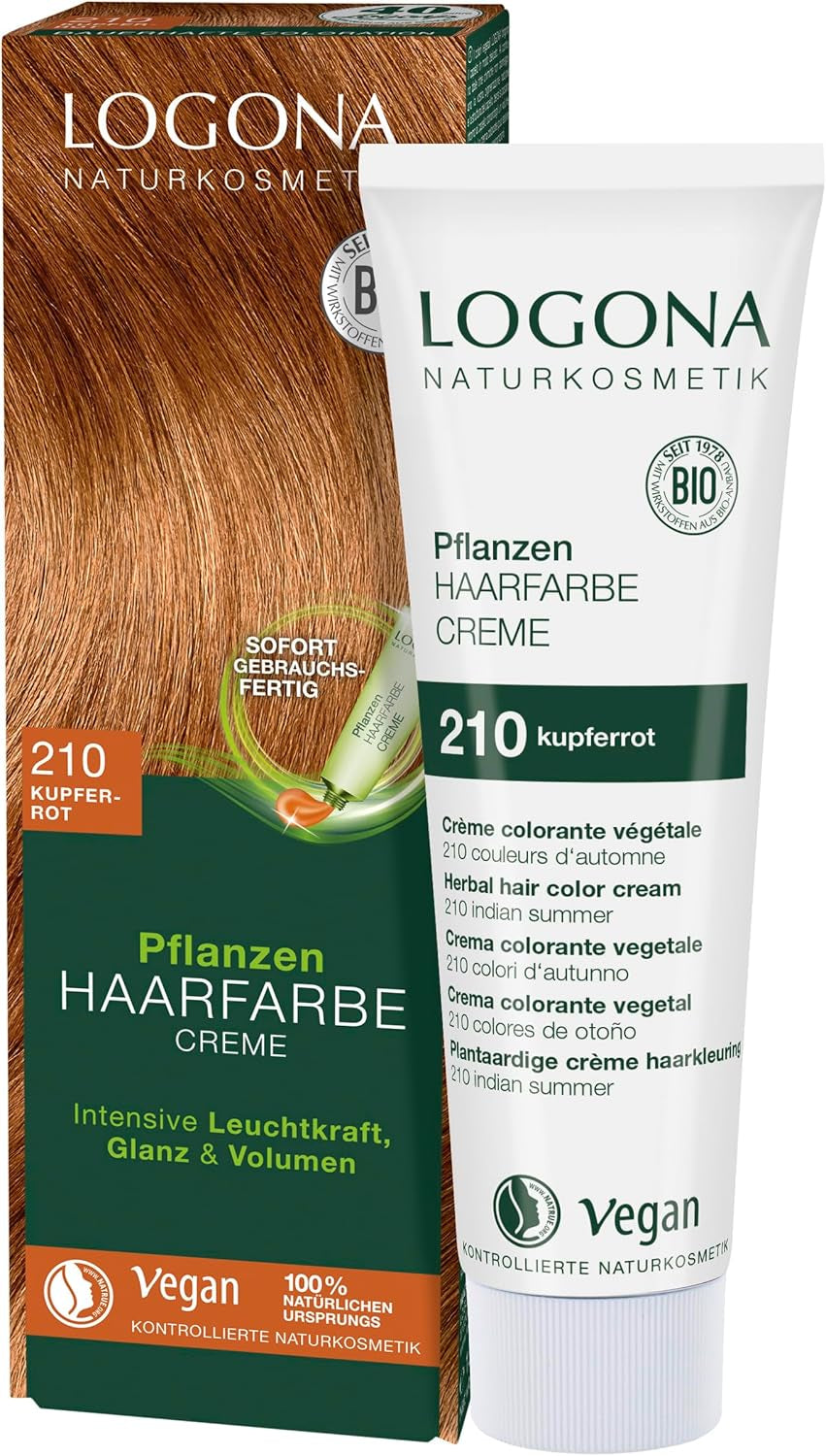 LOGONA Natural Cosmetics Plant Hair Colour Cream 240 Nougat Brown, Colorant natural pentru păr castaniu cu henna, cremă colorantă pentru tonuri de maro, colorare pentru păr închis la culoare, 150ml Vopsea pentru par Naty Shop 210 Roșu de cupru [Vara indiană]