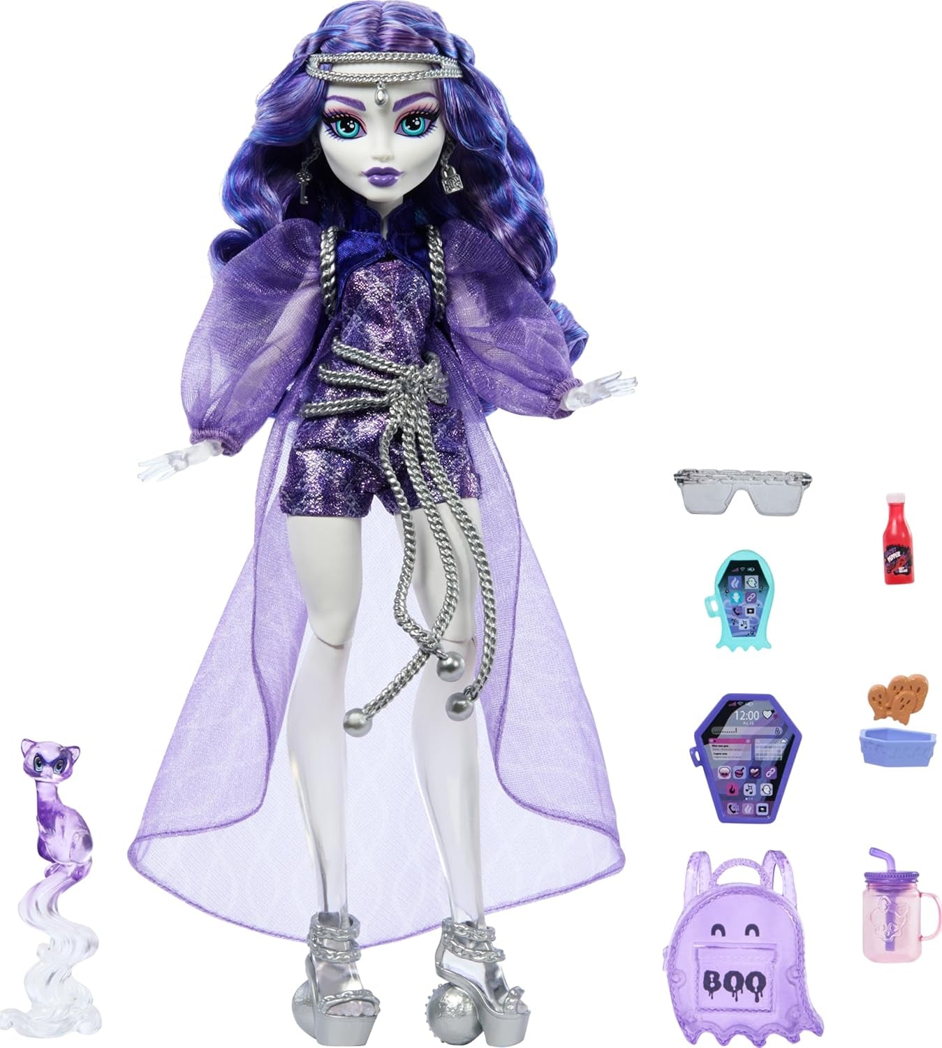 Lalka Monster High Spectra Vondergeist z fretką Rhuen i akcesoriami, takimi jak plecak, tablet, przekąski i inne, domyślny tytuł lalki HXH77 Naty Shop