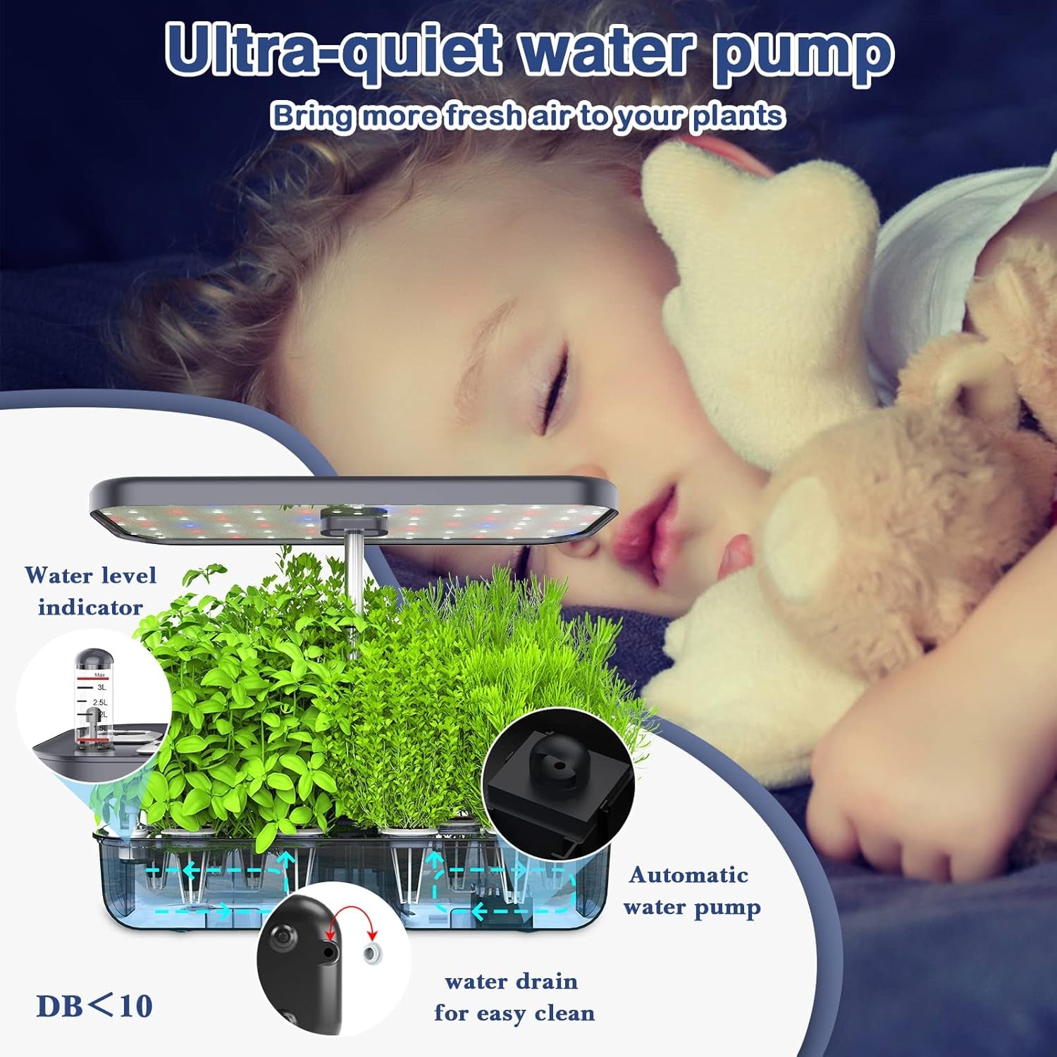 System uprawy hydroponicznej na 12 przyborów, zestaw do ogrodnictwa ziołowego w pomieszczeniu ze światłem LED, inteligentny ogród przydomowy, kuchnia, zestaw do kiełkowania z automatycznym timerem (szary)