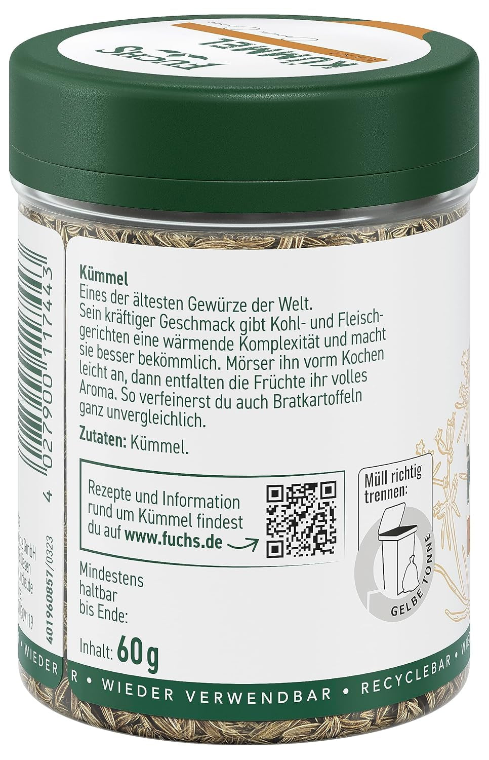 Fuchs Gewürze - Kümmel ganz - kräftiges Gewürz für Kohl- und Fleischgerichte oder zu Bratkartoffeln - naturalny Składnik - 60 g w wiederverwendbarer, recyclebarer Dawka