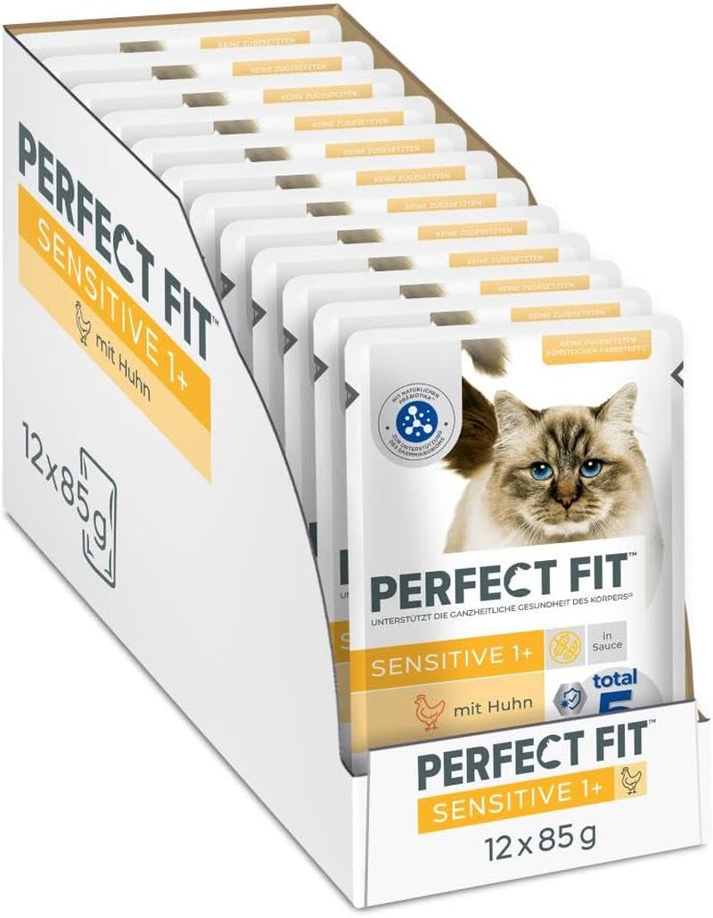 Hrană umedă pentru pisici Perfect Fit Sensitive 1+ cu pui în sos, 12 pliculețe, 12 x 85g – Hrană umedă premium pentru pisici sensibile de la 1 an, fără grâu și soia, pentru a susține digestia