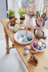 Set de vopsire naturală Heitmann Egg Dye, 3 pudre de colorare pe bază de ou (galben, violet, gri-albastru), foaie de autocolante din hârtie cu iarbă