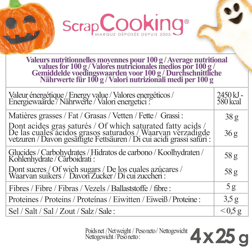 Scrapcooking - Zestaw 4 pisaków czekoladowych Halloween - czarny, pomarańczowy, fioletowy i biały, pisz i rysuj na deserach, ciastach i ciastkach Naty Shop