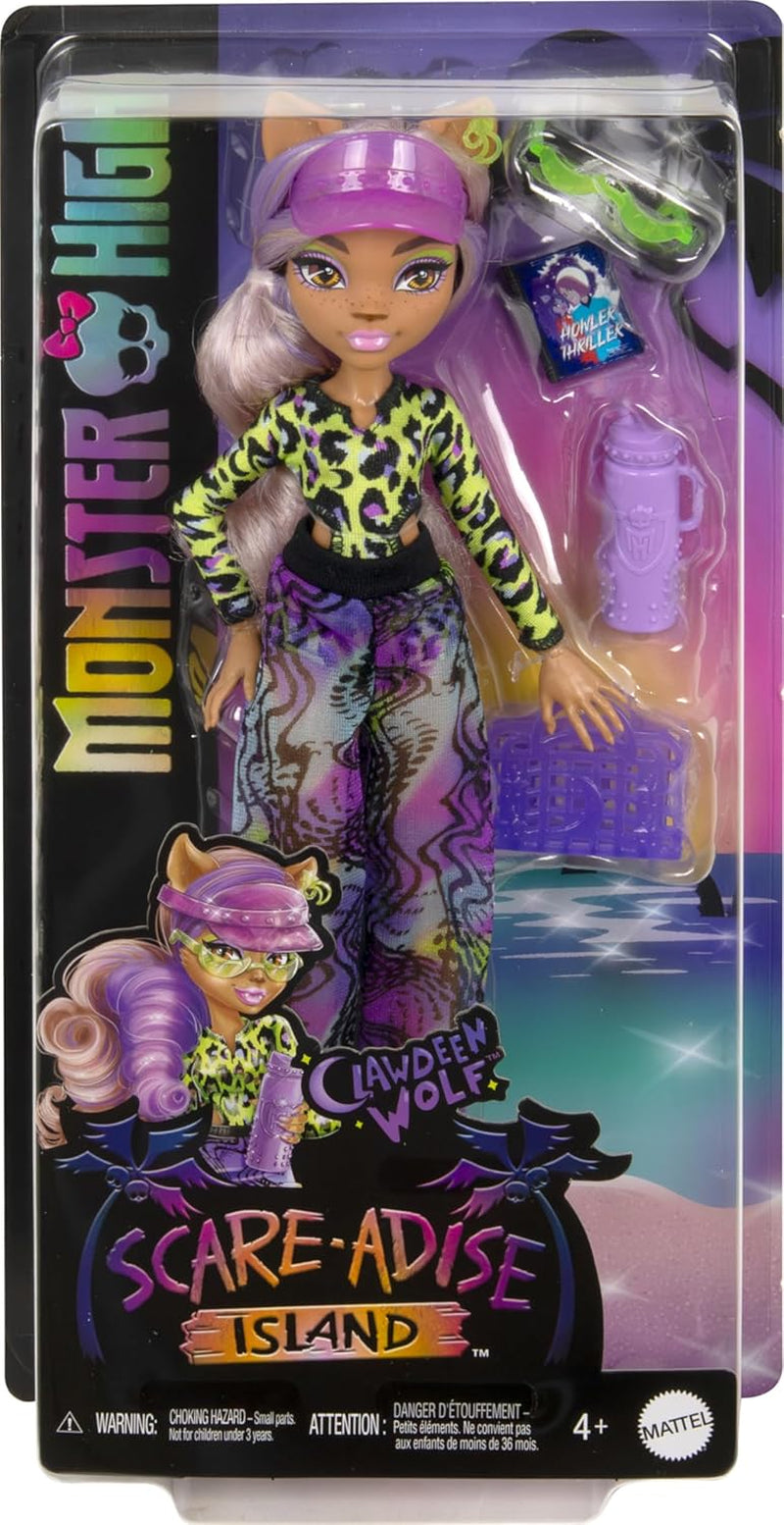 Monster High Scare-adise Island Clawdeen Wolf Puppe mit Badeanzug, Jogger und Strandzubehör wie Visier, Wasserflasche und Buch
