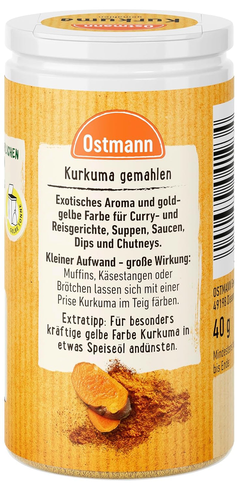 Ostmann Gewürze - Kurkuma gemahlen | Perfektes Gewürz für Curry- und Reisgerichte | Verleiht Gerichte eine goldgelbe Farbe | Naturalne składniki | 40 g w Der Streudose
