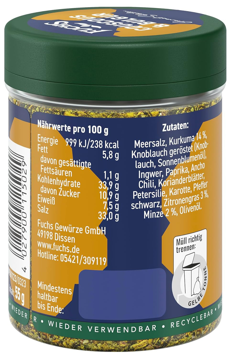 Fuchs Spices Gourmet Selection Bliski Wschód/Afryka - Mieszanka przypraw do kuskusu i bulguru Mieszanka przypraw do wielokrotnego napełniania do przyprawiania potraw bulgur Wegańskie 55g