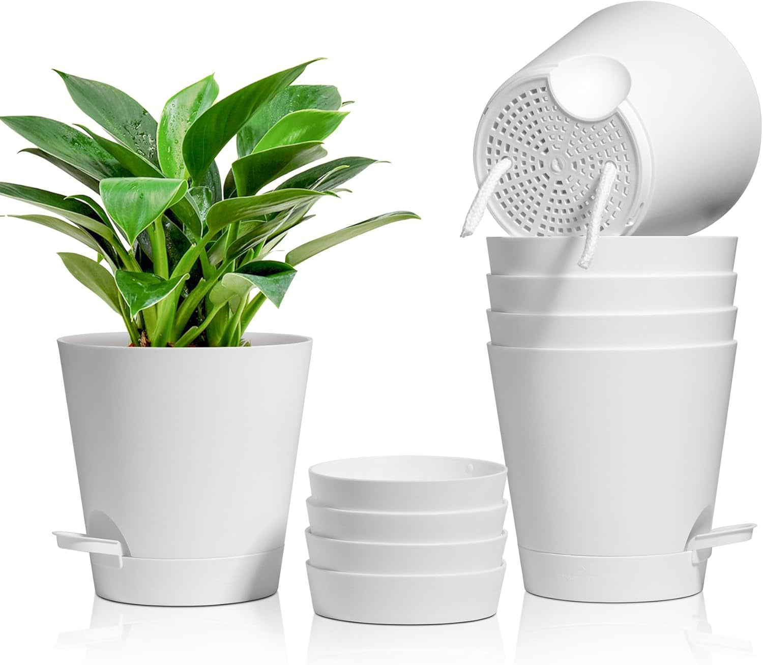 T4U 14cm Plastikowe doniczki z systemem podlewania, zestaw 6 samonawadniających się doniczek i spodków, okrągłe doniczki do roślin ogrodowych na balkonach, sukulentów, kaktusów, białe
