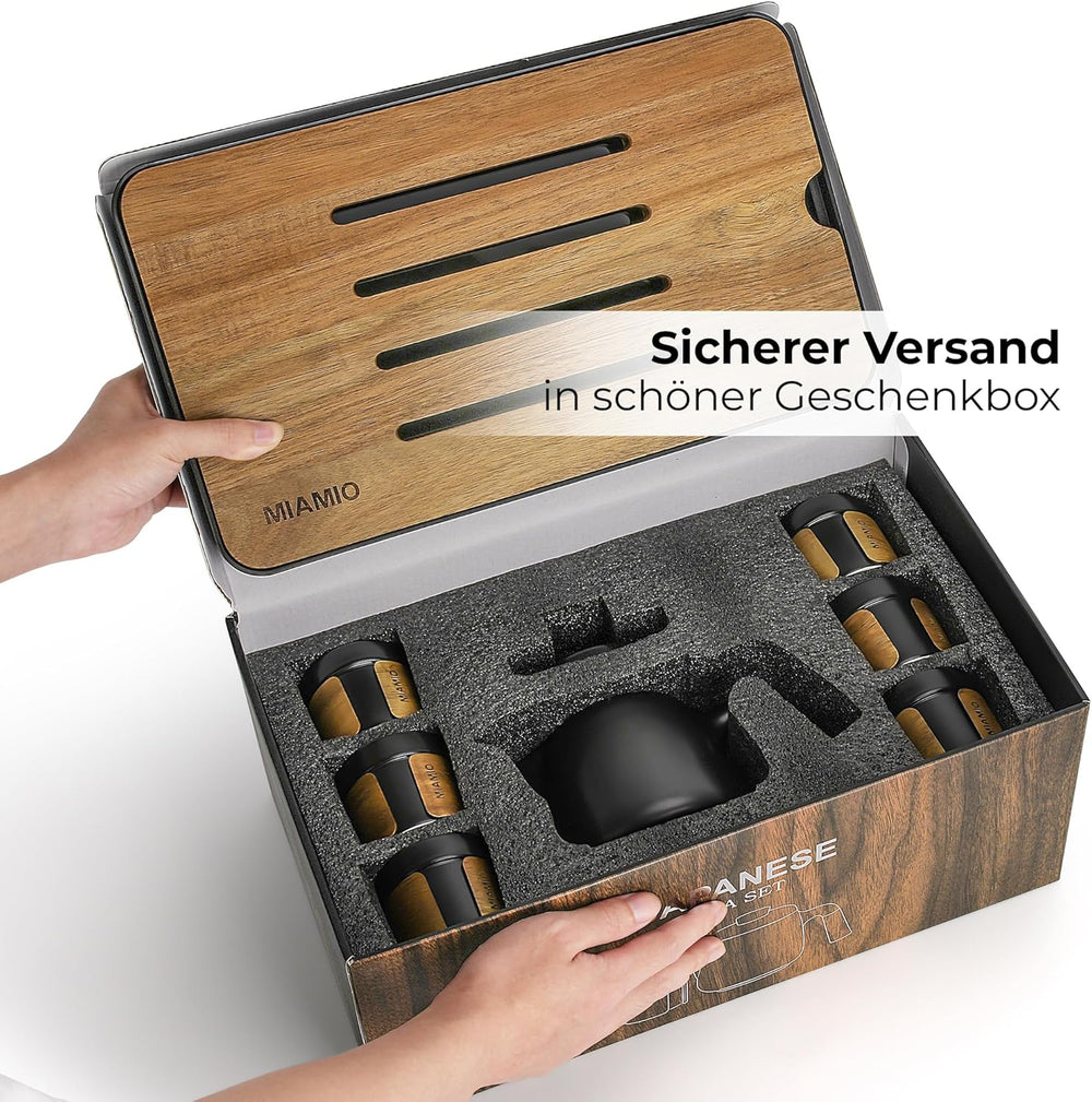 MIAMIO - Set de ceai japonez/chinezesc 6 x 100 ml / Ceainic asiatic 620 ml cu infuzor de ceai, Set tradițional japonez de ceainic pentru iubitorii de ceai/bărbați/femei (negru)