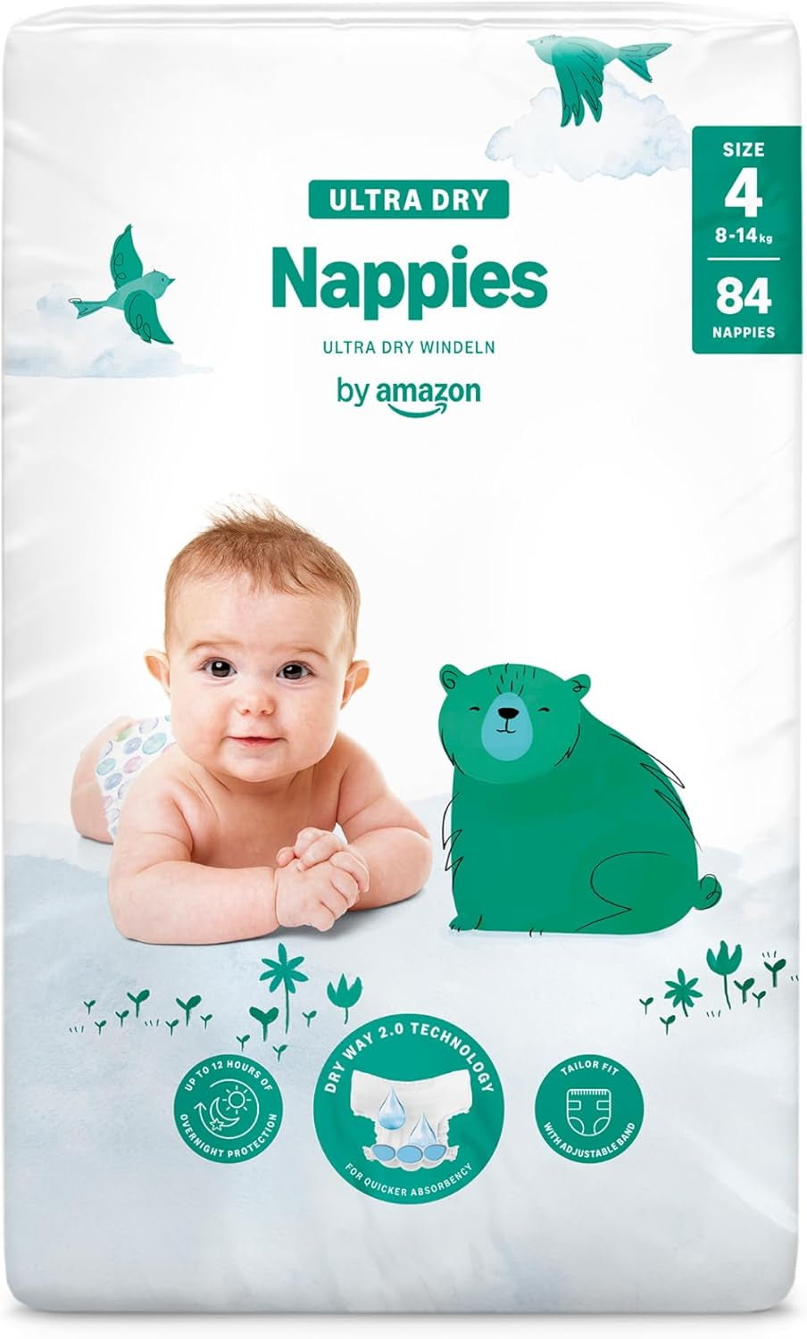 Pieluchy Amazon Ultra Dry, rozmiar 1 (2-5 kg) - pudełko miesięczne, białe, 96 sztuk (2 opakowania po 48) (dawniej marka Mama Bear, identyczny produkt)