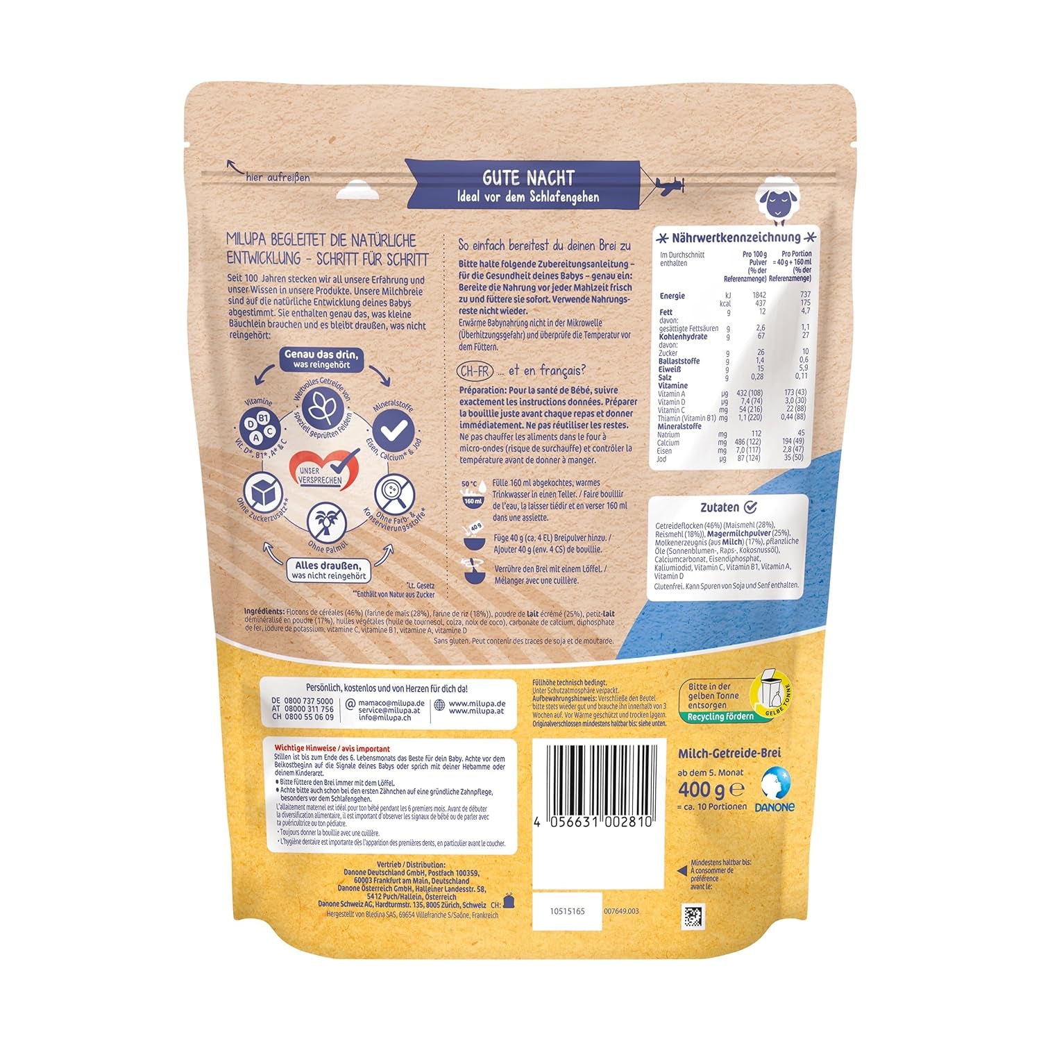 Kaszka mleczna Milupa Gentle Start - Płatki dla niemowląt bez glutenu, bez oleju palmowego - Bez konserwantów i barwników - Od 5 miesiąca - 4 x 400 g