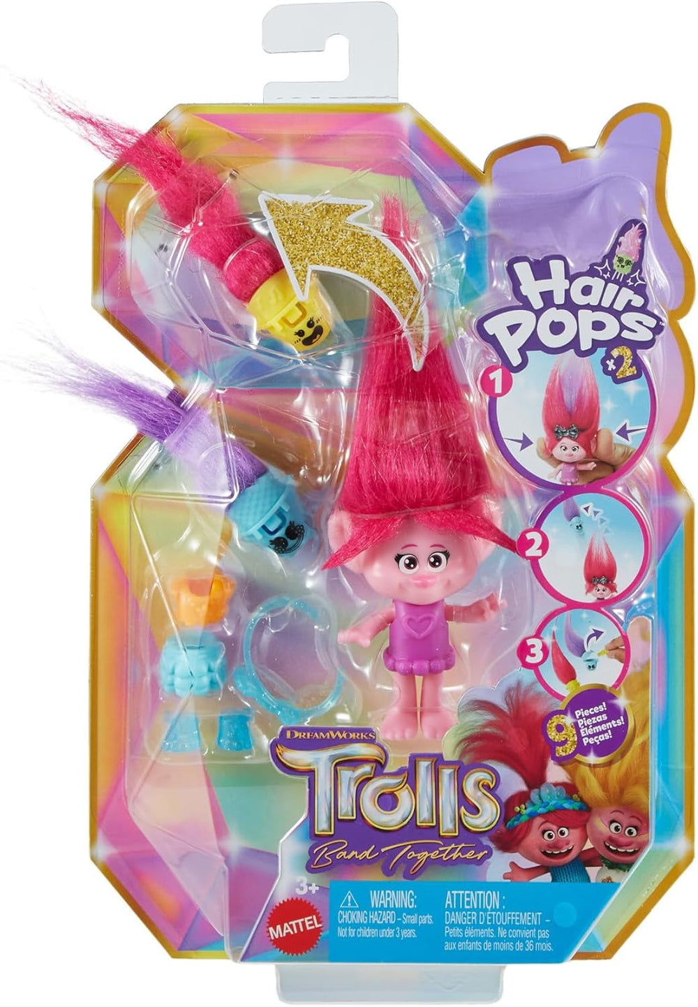 Mattel DREAMWORKS TROLLS Gemeinsam Stark – Haarige Überraschungen Poppy Königin Poppy, Viva, Branch und Guy Diamond Plüschhaar, 2 Haarige Überraschungen, Zubehör, für Kinder ab 3 Jahren, HNF10