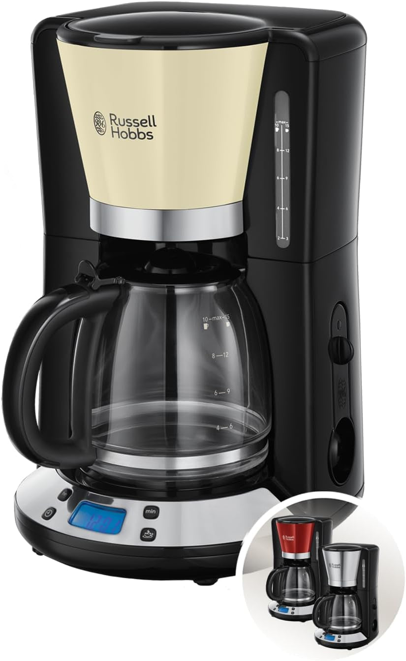 Cafetieră Russell Hobbs [Temporizator digital, Cap de duș pentru extracție și aromă optime] Colours+ Creme (1 până la 10 cești, carafă de sticlă de 1,25 l, placă de încălzire, 1100 W) Cafetieră cu filtru 24033-56