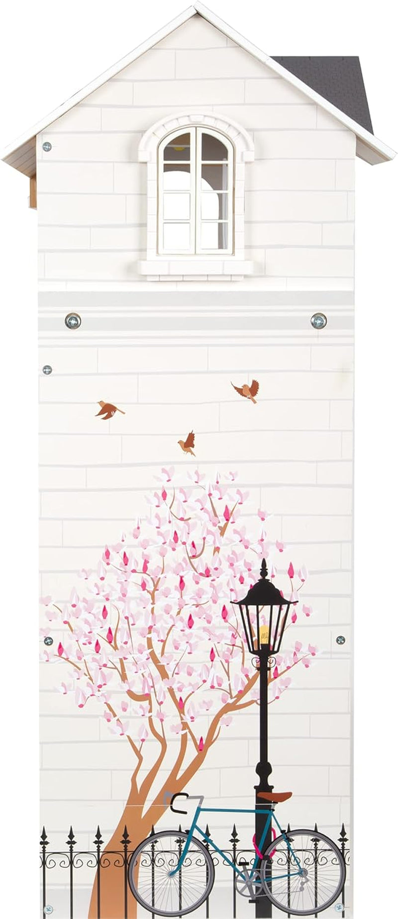 Casă de păpuși din lemn Small Foot, cu 3 etaje, față deschisă și 12 piese de mobilier, pentru copii cu vârsta de la 3 ani în sus, 11802, alb gri